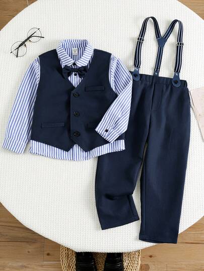 SHEIN 5pcs Young Boys' Elegant Gentleman Solid & Striped Shirt, Vest, Bow Tie, Suspender, Pants 5-Piece Outfit Set, Suitable For Home, Outdoor, Sports, School, Party, Holiday, Campus Suitable For Spring/Summer For Toddler Boys Easter Gift For Boys