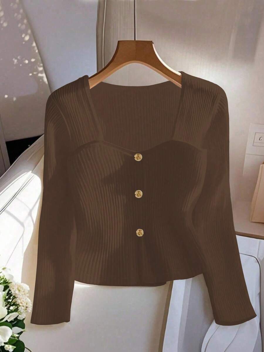 Lyxana 女士纯色心形领长袖罗纹休闲商务T恤 - 巧克力棕 - 查看 1