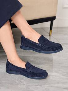 Sleekvia Women's Fashionable Coffee-Colored Suede Comfortable Casual Loafers, Suitable For Outdoor, Shopping, Work, Daily Wear Valentine's Day - dark blue - View 2