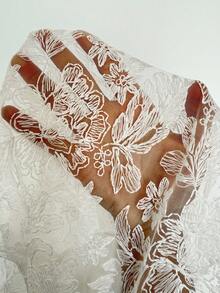 Roveilla Spring, Summer Elegant Vacation French Retro Diamond Chiffon Mesh Embroidery Texture Puff Sleeve V-Neck Waist Cinched Slim Fit Princess Dress, Spring/Summer Women Outfit, Wedding Guest - White - View 3