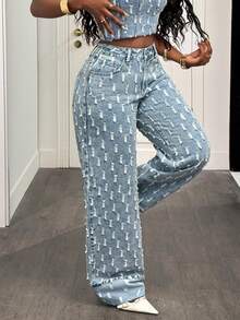 Slaydiva 女士休闲日常街头风破洞斜插口袋宽松牛仔裤 - 淺色水洗藍 - 查看 5