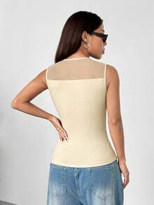 Rafferiza Débardeur femme à la mode, sexy et amincissant, en maille noire transparente à col en V et décolleté en S, collection printemps/été - Nude - Voir 2