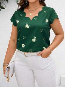 Reflora Camisa de verano de talla grande con ribete de concha y estampado tejido - Verde Oscuro - Ver 1