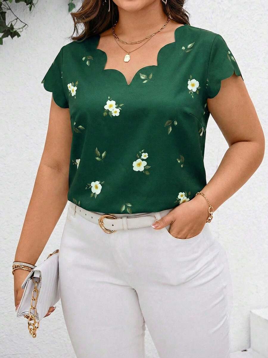 Reflora Camisa de verano de talla grande con ribete de concha y estampado tejido - Verde Oscuro - Ver 1