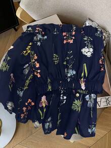 GlowEve New Floral Design Chic French Style Women Skirt - Navy Blue - View 6
