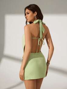 Bluhae Women's Sexy Backless Halter Top And Sequin Mini Skirt 2 Pieces Set, Summer - Green - View 2