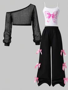SHEIN ChillGRL 三件套女童蝴蝶结吊带上衣，露肩设计，搭配蝴蝶结阔腿裤，适合初秋外出旅行。 - 黑色 - 查看 12