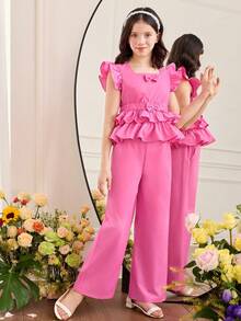 SHEIN Tween Girl Elegant Solid Magenta Woven Cap Sleeve Shirt And Pants Set, Casual - Pink - View 5