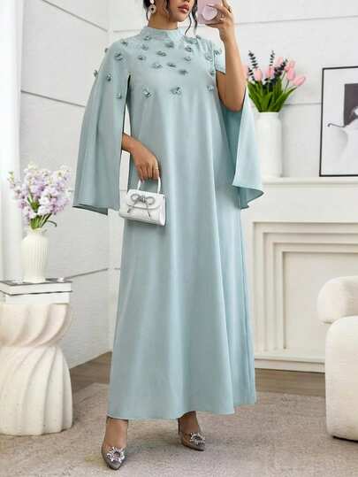 Al Najma Women's Elegant Party 3D Floral Decor Cape Sleeve Arabic Style Dress 3d Flower Dress Floral Applique Dress Dress Modest Luxury Dress For Women Long Sleeve Elegant Dress Butterfly Sleeve Dress Najma Dress Baby Blue Elegant Dress