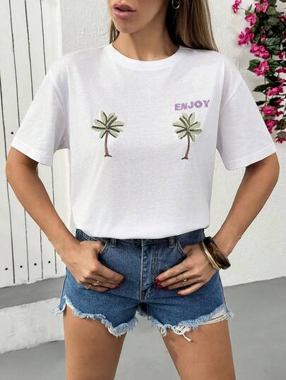 EURMUSE Women's Loose Fit Palm Tree Embroidered T-Shirt – Summer Cotton Blend Short Sleeve Tee, Tropical Island Stitch Detail, Oversized Casual Top, Comfortable Minimalist Streetwear