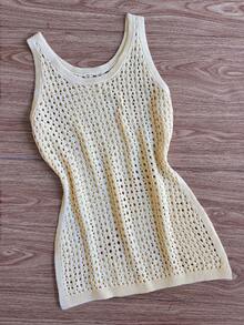 GlowEve Yellow Hollow Knit Camisole Dress For Women, Spring/Summer, Layerable Mid-Length Cover Up Knit Top - Yellow - View 7