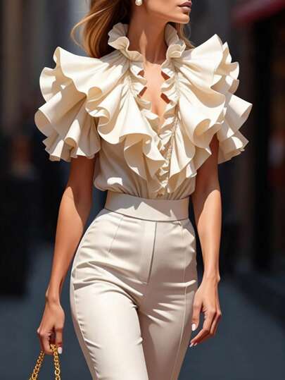 Balvessa Women's Solid Color Deep V-Neck Ruffle Trim Fashion Blouse