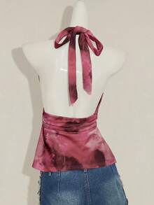SHEIN ICON Áo tank top kiểu vintage cổ yếm, cổ chữ V sâu, thắt eo, dáng chữ A, hở lưng. - Hồng - Xem 2