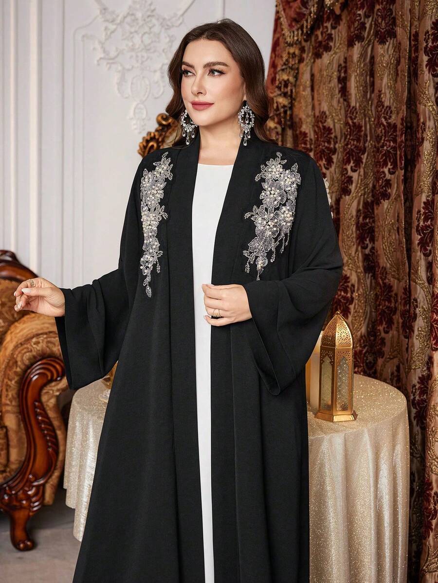Al Najma Plus Size Women Loose Rhinestone Embellished Simple Arabic Abaya Robe - Black - View 1