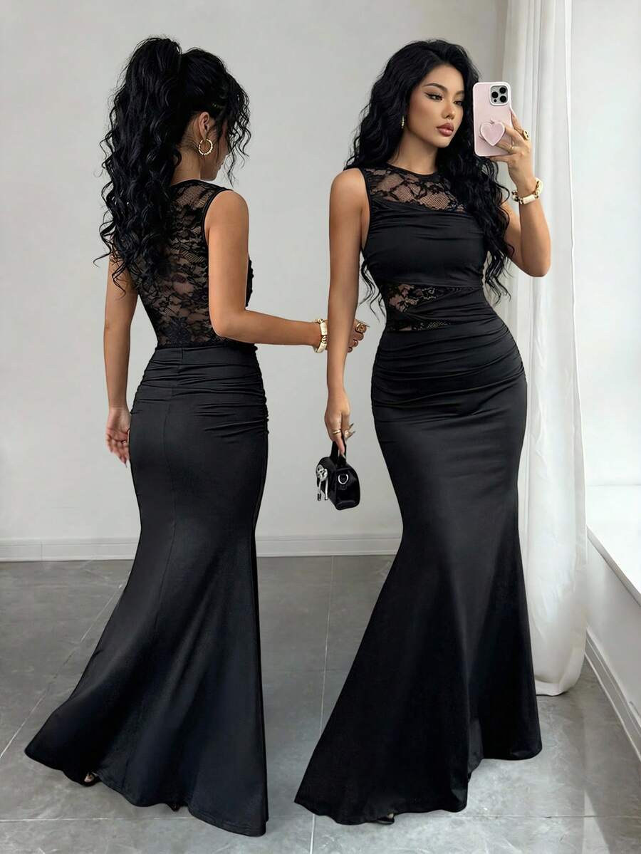 Rafferiza Vestido elegante y sexy de cola de pez con cuello redondo, parche de encaje y volantes en el bajo para mujeres - Negro - Ver 1