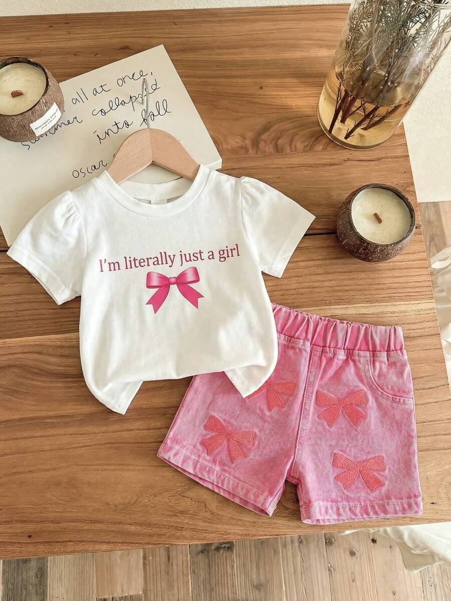 SHEIN 女婴短袖蝴蝶结可爱牛仔两件套，夏季牛仔蝴蝶结刺绣短裤和T恤套装 - 白色 - 查看 1