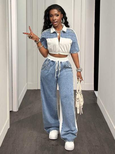 Slaydiva New Women's Cropped Color-Blocked Zippered Short-Sleeve Denim Shirt - Y2K Music Festival Outfit - Casual Sporty Style Summer Top  Spring Clothes Going Out Top Casual Outfit For Women