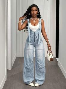 Slaydiva Women's Fashionable Washed Denim Bib Pants - Light Wash - View 5