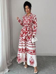 Elenzga 女士新款时尚优雅度假波西米亚风印花立领腰带A字长袖连衣裙，适合通勤、圣诞节、新年、街头风、法式浪漫、休闲、中东复古、下午茶、派对、感恩节、返校季、秋冬季等场合。 - 紅白色 - 查看 6