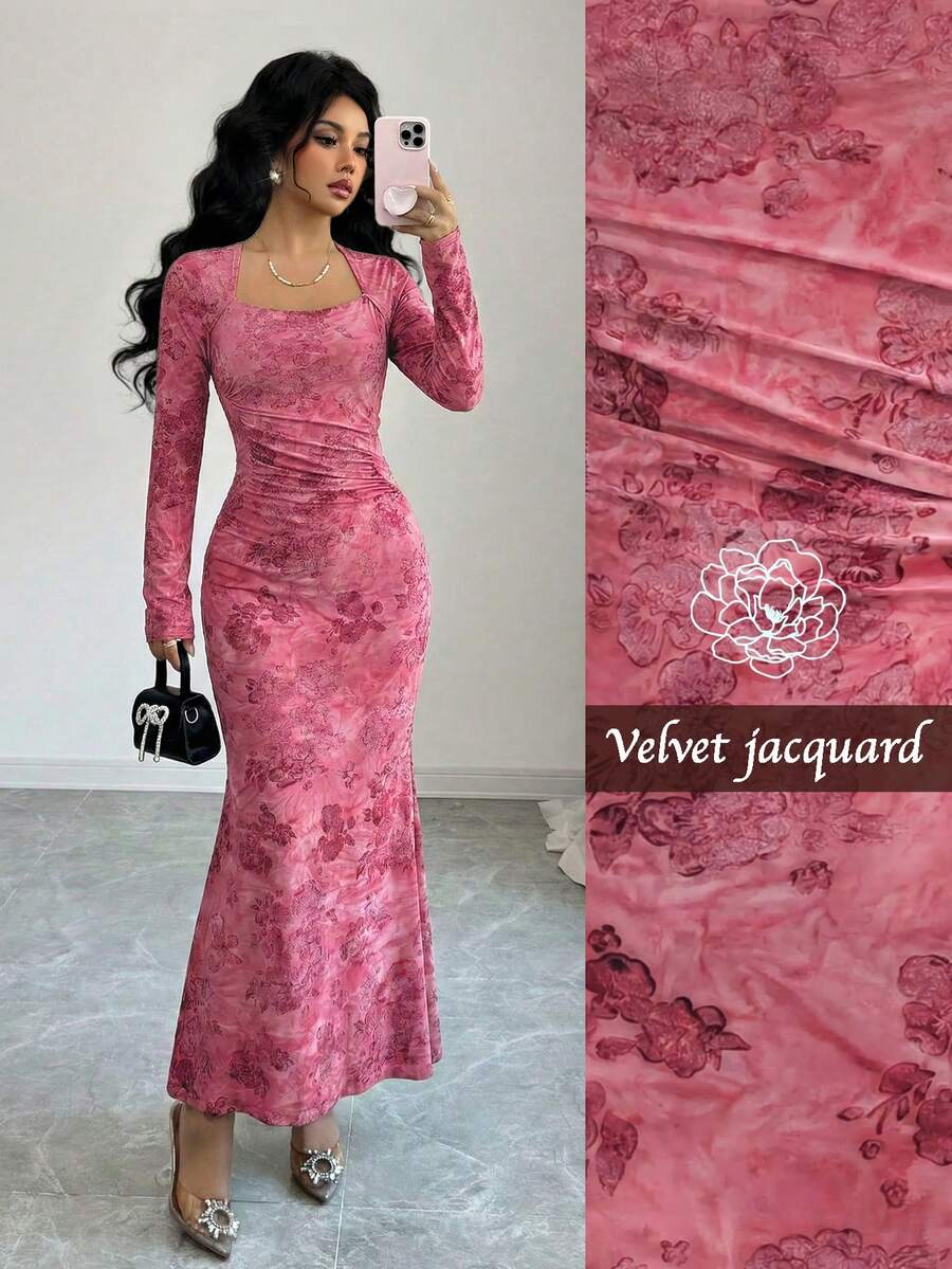 SHEIN Elenzya Đầm midi đuôi cá thanh lịch thắt eo, cổ thiên nga, in họa tiết hoa dành cho nữ, thích hợp cho các bữa tiệc và sự kiện. - Nhiều màu - Xem 1