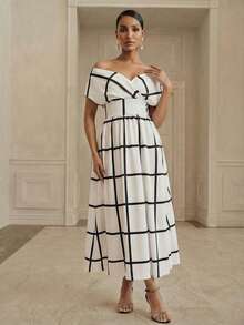 Anewsta Elegant Party Waist Twist Off Shoulder Design Cold-Shoulder Round Hem Plaid Print Dress For Women - Black and White - View 5