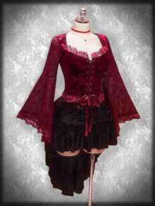 SHEIN ICON 女士加大码复古性感优雅情人节上衣：时尚、个性、现代都市哥特风红玫瑰植绒天鹅绒拼接蕾丝边心形领喇叭袖系带上衣 - 紅色 - 查看 5