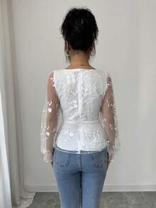 Rafferiza 女士贴花网纱拼接时尚百搭约会之夜长袖衬衫 - 白色 - 查看 2
