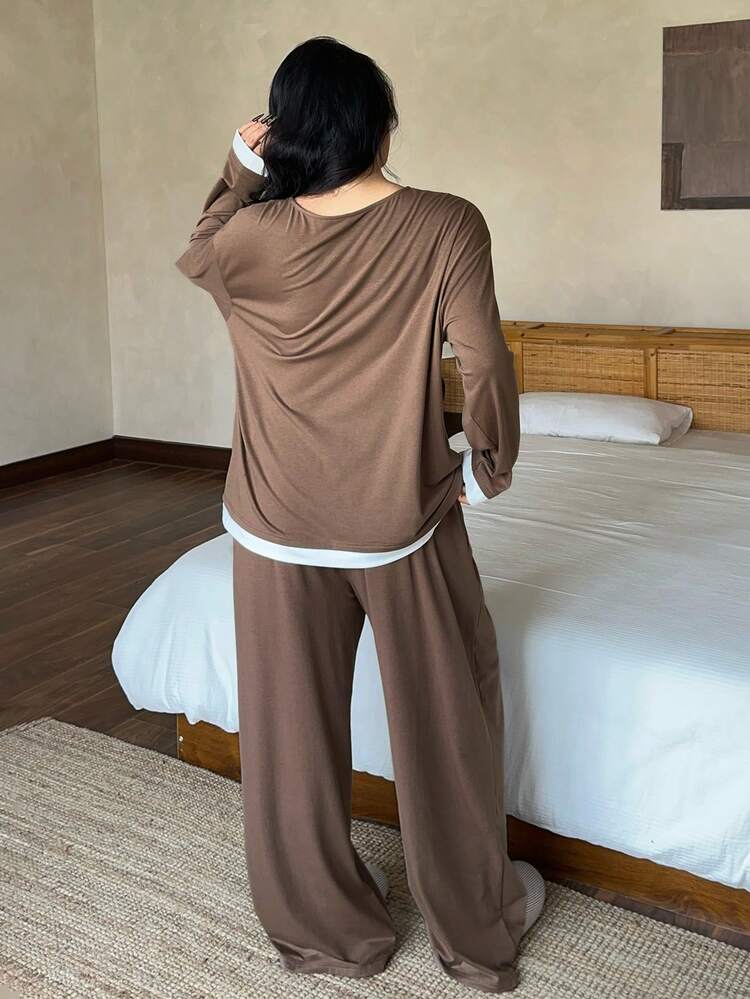 Dazy Plus 2pcs/Set Casual Contrast Color Patchwork Loose Top And Pants Pajama Set, Plus Size Women Knit Sleepwear, Spring/Autumn