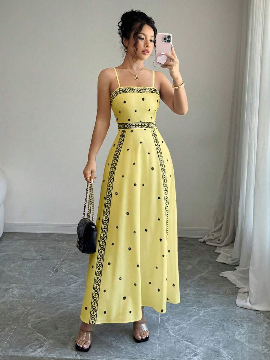 Elenzga Vestido de tirantes finos con cintura ceñida y estampado, para primavera/verano - Multicolor - Ver 1