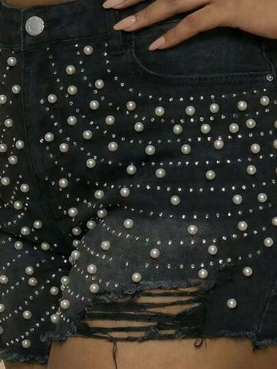 Slaydiva Summer Plus Size Women Pearl Decor Pocket Fringe Hem Skinny Denim Shorts Party Casual Summer Vacation Outfits For Women Denim Shorts