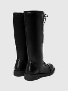 ROMWE Grunge Punk 女士 Gommino 冬季圆头粗跟骑马靴，新款羊毛内衬高筒靴，修身系带冬靴 - 黑色 - 查看 5