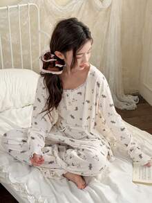 DAZY 少女卡通熊印花长袖睡袍、吊带背心和裤子睡衣套装 春季 - 杏色 - 查看 5