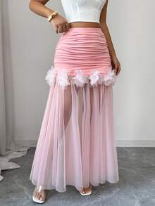 Elenzga 优雅法式浪漫西西里褶裥花卉装饰粉色喇叭中长裙，春夏款 - 粉色 - 查看 3