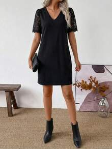 EMERY ROSE 女士V领蕾丝袖休闲百搭连衣裙，春夏款 - 黑色 - 查看 4
