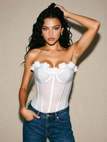 SHEIN White Strapless Lace Corset Top With Flower Details Vintage Style Regular Length For Women - White - View 2