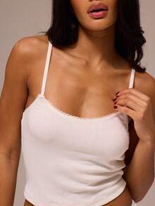 MUSERA ESSENTIALS Scoop Neck Pointelle Picot Trim Cropped Strappy Cami Top Spring Winter Cosy Cute Daily Girly Lounge Essential - Cream - View 6