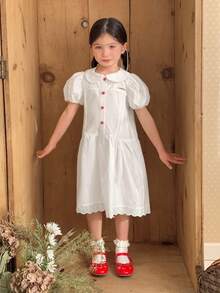 DAZY Young Girl Peter Pan Collar Short Puff Sleeve Button Design Cute Dress - Beige - View 3