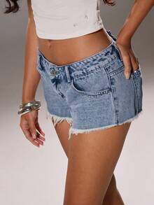 TRNVIE Women's Casual Distressed Denim Shorts With Slant Pockets, Summer - Medium Wash - View 6