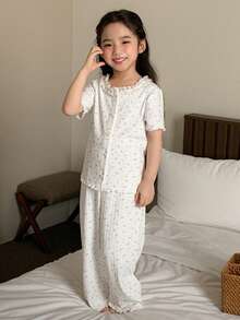 DAZY 女童碎花蕾丝荷叶边短袖上衣和阔腿裤睡衣套装，春夏秋季 - 白色 - 查看 4