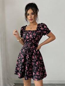 Rafferiza 女士碎花方领泡泡袖荷叶边腰部抽绳连衣裙 - 彩色 - 查看 6