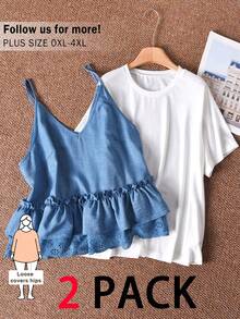 CosyJoli Plus Size Women Summer 2pcs Set,Blue And White Smart Casual School White T-Shirt And Multi-Layer Ruffle Hem Camisole,Loose Dropped Shoulder Tops - Blue and White - View 4