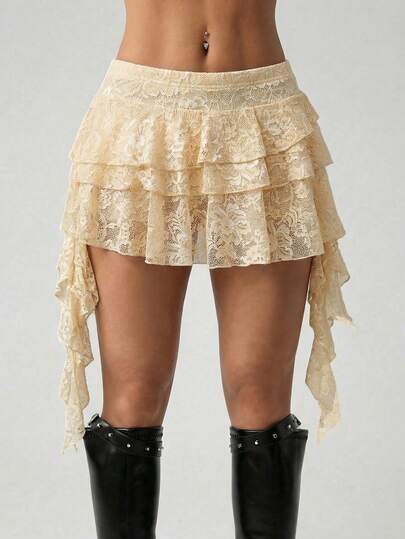 SHEIN ICON Low Waist Vacation Style Casual Sexy White Lace Ruffle Hem Mini Skirt With Safety Shorts To Prevent Upskirt