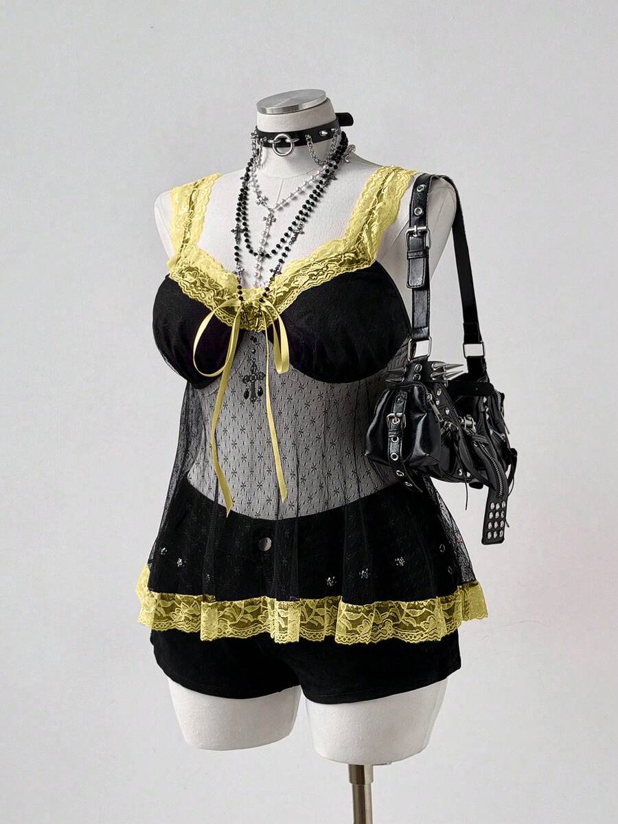 Nueva elegante y dulce blusa de encaje transparente con adorno de lazo y volantes, ideal para primavera/verano/otoño - Amarillo - Ver 1