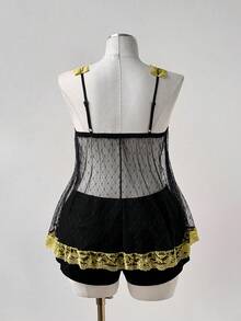 Nueva elegante y dulce blusa de encaje transparente con adorno de lazo y volantes, ideal para primavera/verano/otoño - Amarillo - Ver 2