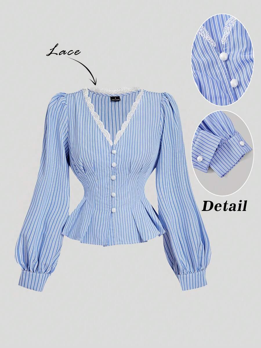 SHEIN MOD Women's Contrast Lace Button Design Striped Lantern Sleeve Blouse,Summer Outfits,Spring Break Outfits,Valentine's Day Outfit ,Going Out Top,Elegant Blouses,Blue Blouse,Romantic Clothing, Office Blouses, Striped Blouse