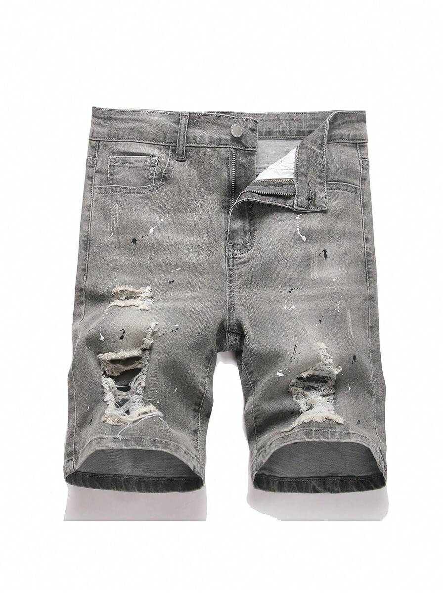 SHEIN 青少年男童时尚休闲Y2K镂空破洞磨边设计白色牛仔破洞修身短裤,适合青少年男童日常穿着,柔软舒适,是青少年男童春夏新款SS26时尚单品。 - 灰色 - 查看 1