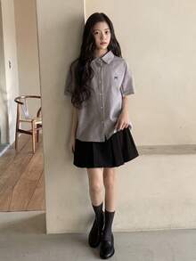 Dazy Kids Teen Girl Bow Striped Short Sleeve Button-Up Casual Shirt - Grey - View 5