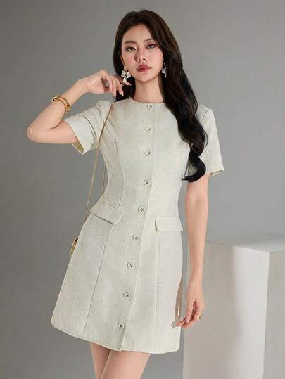 Heiryn New Arrival French Tweed High-Quality Elegant Lady Waist Cinched Commute Daily Chic Short Dress