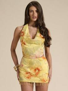SHEIN BAE Summer Yellow Rhinestone,Sequin & Pearl Floral Backless Draped Neck Tank Top,Orange And Yellow Seductive Party Night Beach Vacation Glamorous Camisole - Yellow - View 5