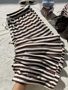 Comfortcana 加大码黑白条纹休闲抽绳裤，秋冬款 - 咖啡棕 - 查看 1